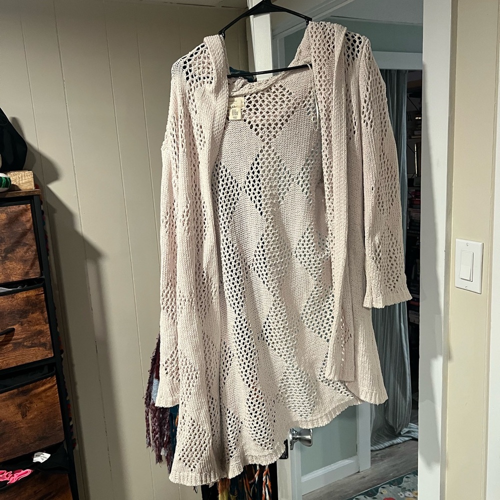 Cream Macrame Cardigan with Hood